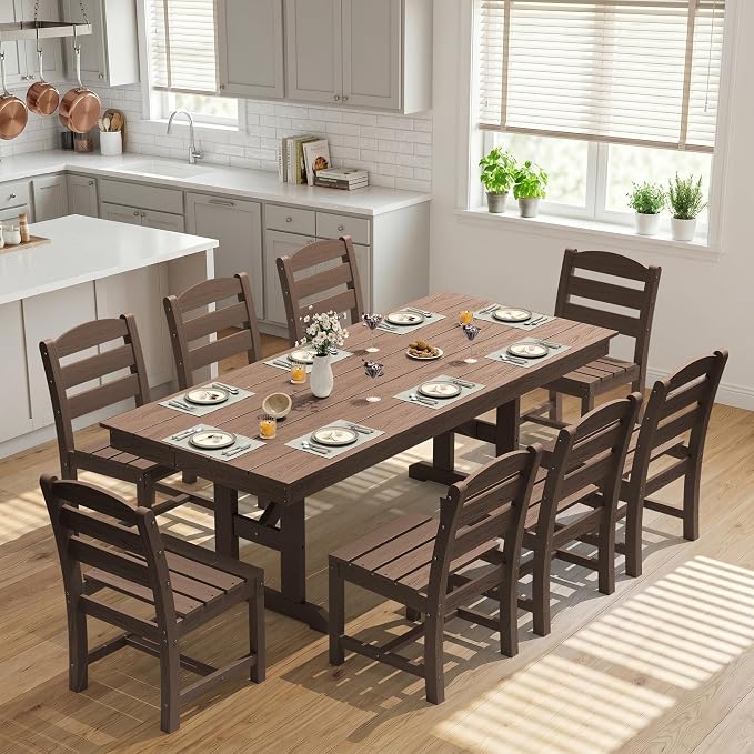 KINGYES Outdoor Armless Dining Chairs Set of 8,All-Weather HDPE Patio Chairs for Backyard,Pooside,Brown