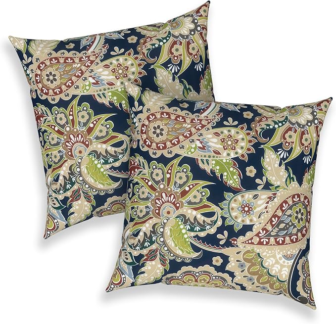 Outdoor 16x16 Inch Throw Pillow Covers Set of 2, Covers ONLY, All Weather Square Pillow Cases, Patio Cushion Pillow of Home Furniture Use, Paisley Sapphire Blue