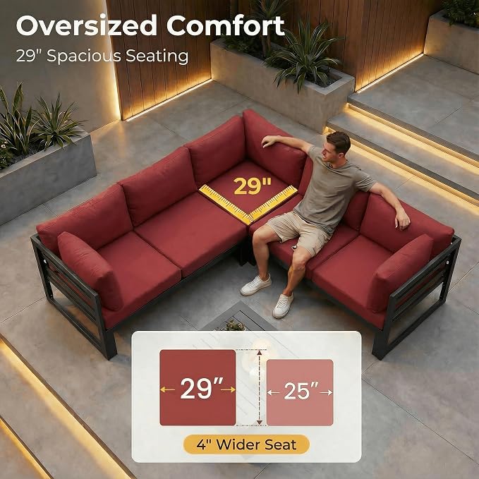 NICESOUL 13 Pcs Aluminum Patio Sectional Furniture Set with Lounge Chair & Fire Pit Table, 500 lbs Heavy Duty Anti-Rust Outdoor Couch, 29" Deep Wide Seat, High End Conversation Sofa for Poolside, Red