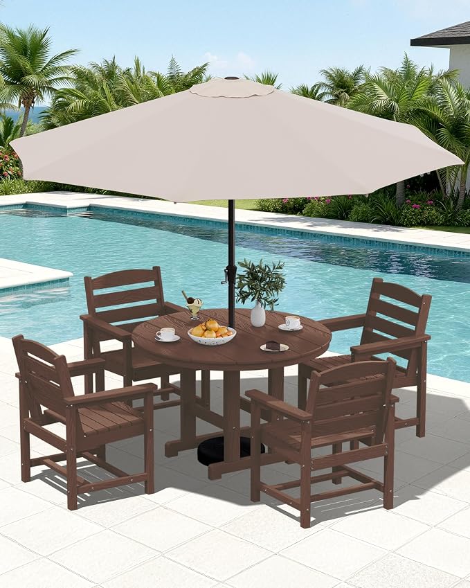 SERWALL 6-Piece Patio Dining Sets, HDPE Outdoor Table and Chairs Furniture Set with Umbrella, 45" Round Dining Table & 4 Dining Chairs & 1 9FT Umbrella, Coffee(Not Include Umbrella Base)