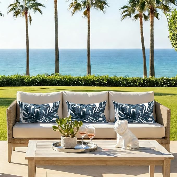 Pack of 2 Outdoor Lumbar Pillow Covers, All Weather Cushion Pillow Cases 12x20 Inch, Pillowcase for Patio Couch Decoration, Palm Blue
