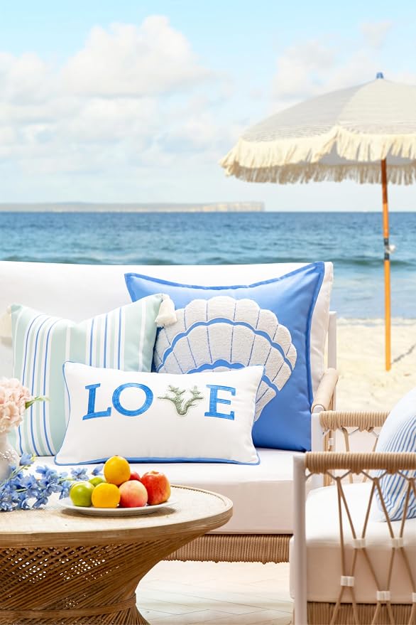 Hofdeco Premium Coastal Patio Indoor Outdoor Pillow Cover Only, 20"x20" Water Repellent for Backyard, Couch, Cornflower Blue Embroidered Shell