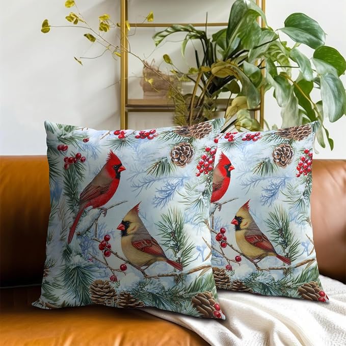 Winter Red Birds Pillow Covers 18x18 Set of 2, Vintage Holly Berry Bird Pine Tree Branch Christmas Throw Pillowcases Square Cushion Cover for Living Room Couch Sofa Decor