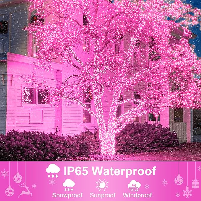 Pink Christmas Lights Outdoor, 66FT 200 LED Christmas Tree Lights | Waterproof 8 Modes Connectable String Lights for Outside Indoor Bedroom Home Patio Yard Party Holiday Decorations
