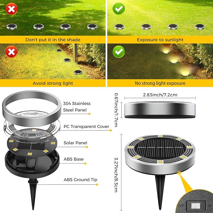 4 Pack Solar Ground Lights Outdoor, 8 LED Mini Flat Solar Disc Lights, IP65 Waterproof Pathway Lights Solar Powered, Landscape Lighting for Garden Walkway Driveway Yard Lawn,Warm White