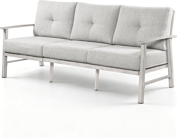 3 Seats Patio Furniture Sofa, Outdoor Aluminum Couch with 5.9'' Soft Cushion, 3-Seater All-Weather Outdoor Patio Furniture Sofa Couch for Balcony, Poolside, Lawn, White Oak