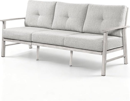 3 Seats Patio Furniture Sofa, Outdoor Aluminum Couch with 5.9'' Soft Cushion, 3-Seater All-Weather Outdoor Patio Furniture Sofa Couch for Balcony, Poolside, Lawn, White Oak