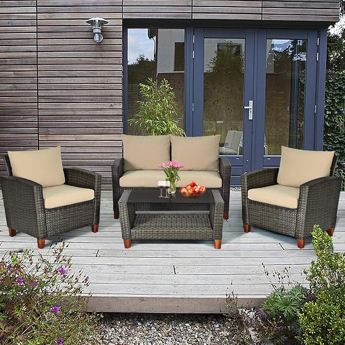 HAPPYGRILL 4 Pieces Patio Conversation Set Outdoor Rattan Wicker Furniture Set Sectional Wicker Sofa Chair & Coffee Table Set for Porch Poolside Backyard