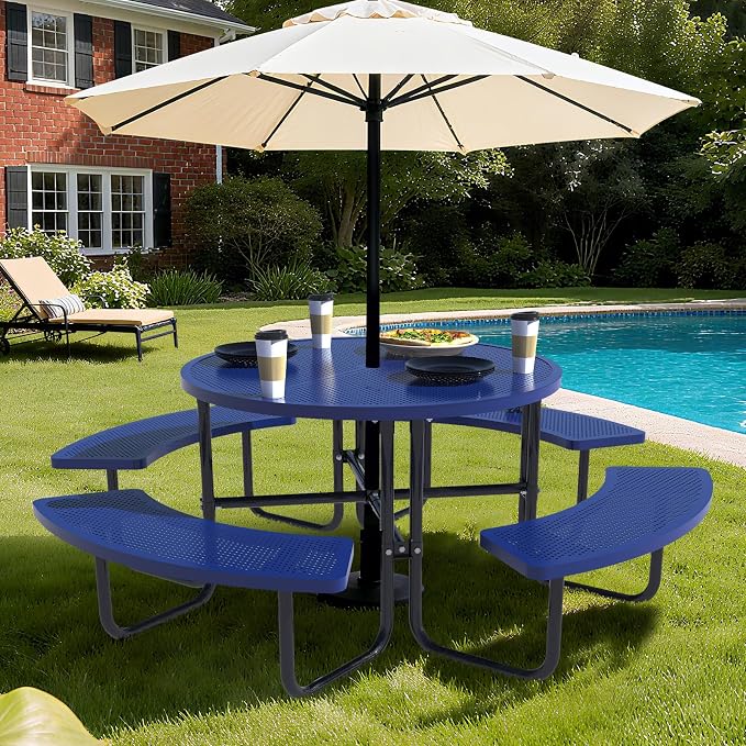 46 Inch Round Metal Picnic Table with 1.78" Umbrella Hole, All Weather Rust-Proof Metal Frame, Mesh Tabletop, Seats Up to 8 People, Easy Assembly for Patio, Backyard, Camping & BBQ, Blue