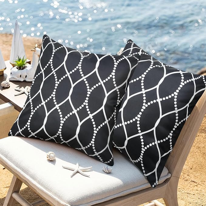 Adabana Outdoor Waterproof Pillow Covers Set of 2 Black Farmhouse Throw Pillow Covers for Funiture Garden Patio 18 * 18 Inch