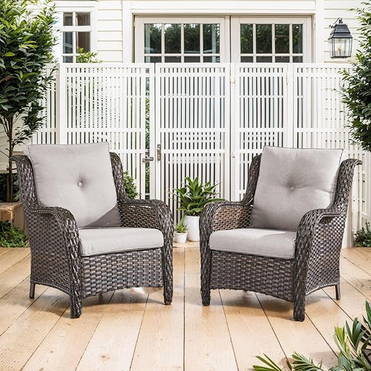 Belord High Back Patio Chairs Set of 2 - Brown Wicker Outdoor Seating, 4" Wide Armrests Rattan Outdoor Club Chairs with Beige Removable Cushion for Deck Porch Backyard