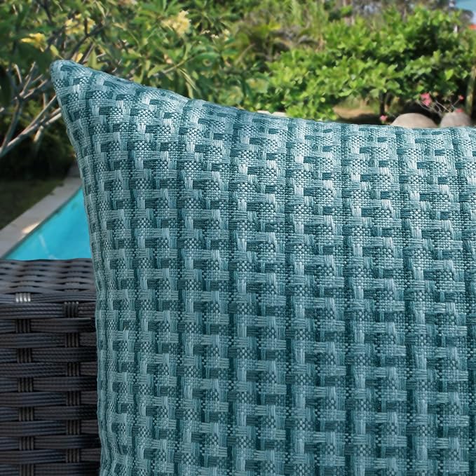 Kevin Textile Outdoor Waterproof 12"x24" Pillow Covers 2 Pack, Teal | Water Resistant Weaving Faux Linen Texture Throw Pillow Covers, Outside Decorative Pillowcases for Garden Patio Balcony Couch