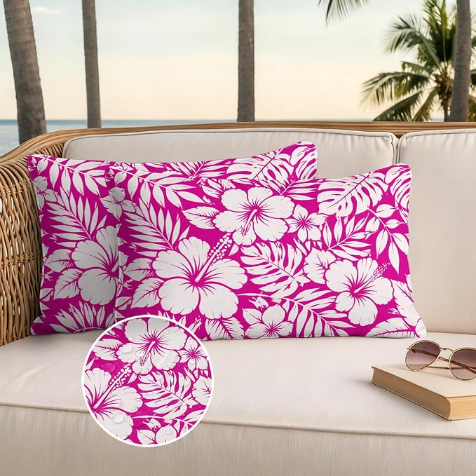 Pink Hibiscus Flowers Waterproof Outdoor Pillow Covers Set of 2 Home Decor, Tropical Monstera Leaves Lumbar Pillowcase Patio Pillow Covers for Couch Bench Patio Furniture Garden 20x12in