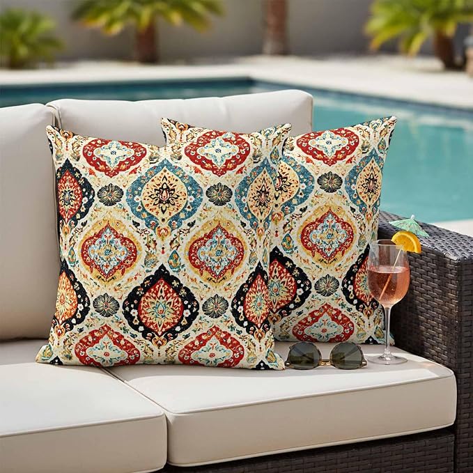 Bohemian Floral Outdoor Pillow Covers 20"x20" Set of 2, Abstract Moroccan Ethic Tribal Colored Floral Waterproof Throw Pillow Covers for Patio Furniture, Decorative Cushion Covers for Porch