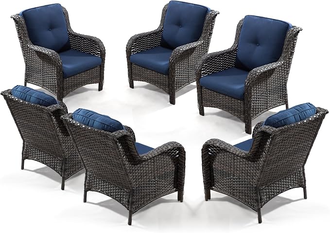 Outdoor Wicker Chair Rattan Patio Dining Chairs Set of 6 PE Wicker Patio Chairs with 4 inch Seat Cushions Outdoor Patio Seating Chair for Garden, Backyard Swimming Pool, Balcony, Blue