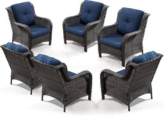 Outdoor Wicker Chair Rattan Patio Dining Chairs Set of 6 PE Wicker Patio Chairs with 4 inch Seat Cushions Outdoor Patio Seating Chair for Garden, Backyard Swimming Pool, Balcony, Blue