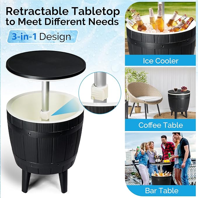 Outdoor Cooler Side Table,Height-Adjustable Cool Bar w/ 10 Gallon Beer and Wine Cooler, All-Weather Resistant Patio Ice Cool Bar for Deck Pool Party(Black)