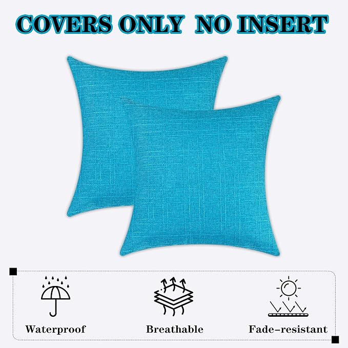 Kevin Textile Outdoor Waterproof 18”x18” Pillow Covers 2 Pack, Peacock Blue | Water Resistant, Soft Faux Linen-cotton Yarn-dyed Woven Texture Throw Pillow Covers for Tent Patio Garden Couch Sofa
