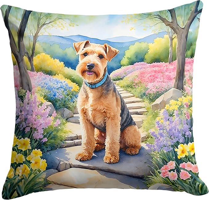 Caroline's Treasures Lakeland Terrier Spring Path Throw Pillow Machine Washable, Indoor Outdoor Decorative Pillow for Couch, Bed or Patio, 14Hx14W