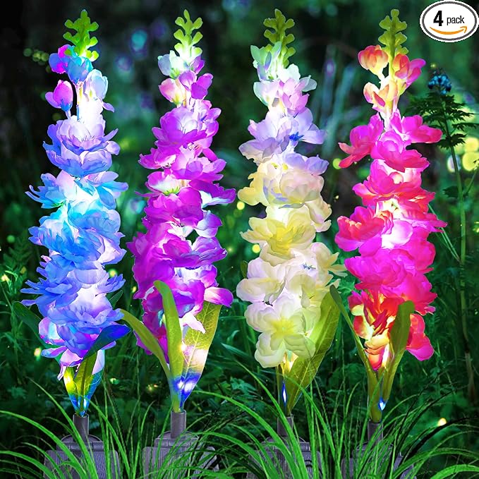 MRHEPHAESTUS Solar Garden Lights, Solar Delphinium Flowers Lights 4 Pack 80 LEDs, Waterproof Outdoor Light Two Lighting Modes for Outside Wedding Party Garden Yard Patio Lawn Decor