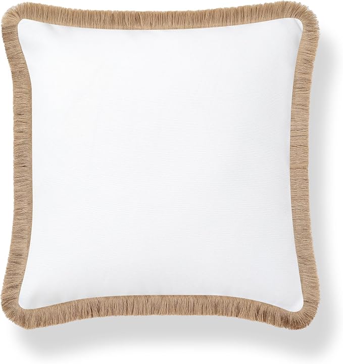 Hofdeco Premium Coastal Hampton Patio Indoor Outdoor Throw Pillow Cover Only, 22"x22" Water Repellent for Backyard, Couch, Poolside, White Neutral Tan Solid