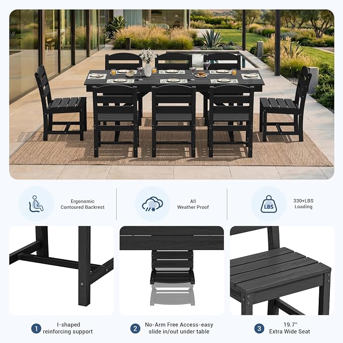 KINGYES Outdoor Armless Dining Chairs Set of 6,All-Weather HDPE Patio Chairs for Backyard,Pooside,Black