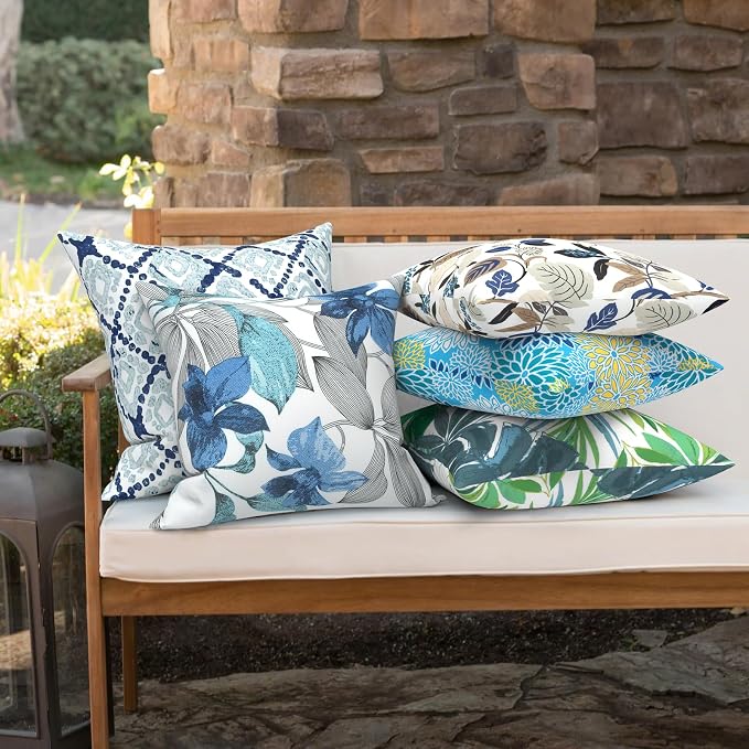 Outdoor 16x16 Inch Throw Pillow Covers Set of 2, All Weather Square Pillow Cases, Patio Cushion Pillow of Home Furniture Use, Clemens Noir Blue