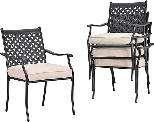 LOKATSE HOME Patio Dining Chairs Set of 4, Stackable Metal Wrought Iron Outdoor Chairs with Armrests & Thick Beige Cushions, All-Weather Heavy Duty Furniture for Garden, Backyard, Deck & Balcony