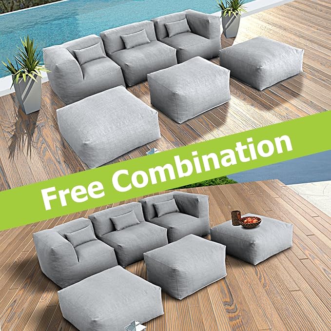 Patio Furniture Set Bean Bag 6 Pieces Outdoor Chairs Sectional Conversation Patio Set Daybed Furniture Outdoor Sofa Couch High Density Foam Filling Modern Comfy Patio Couch, Dark Gray