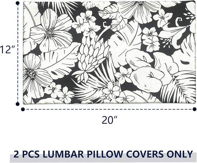 12x20 Inch Lumbae Pillow Covers, Rectangle Waterproof Throw Covers Set of 2, Decorative Patio Furniture Cushion Cases for Porch Garden, Tropical Blossom Noir