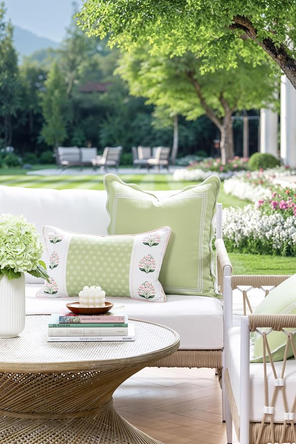Hofdeco Premium Grandmillennial Patio Indoor Outdoor Lumbar Pillow Cover Only, 12"x20" Water Repellent for Backyard, Couch, Poolside, Grass Green Pink Print Block Print Striped Lily of the Valley