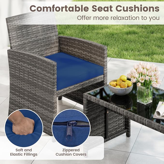 HAPPYGRILL 4 Piece Rattan Wicker Patio Conversation Set, Outdoor Furniture with Chair Loveseat Table & Cushion, for Backyard Porch Balcony (1, Navy)