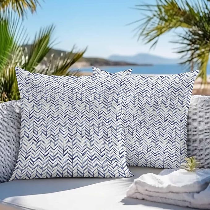 Vandarllin Outdoor Throw Pillows Covers 26x26 inch Set of 2 Waterproof Blue Stripe Lines Decorative Zippered Cushion Covers for Patio Furniture, Abstract Striped Lumbar Pillowcases