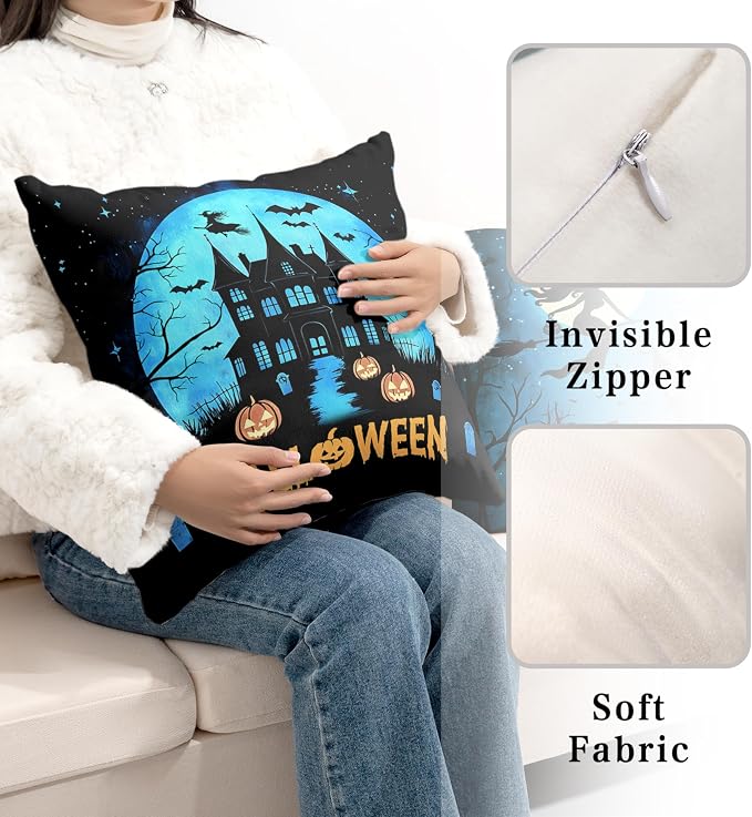 Halloween Pillow Covers 20x20 Set of 2 Witch Castle Throw Pillow Covers Horror Full Moon Night Pillow Case Bat Ghost Pumpkin Cushion Case for Holiday Party Home Decor Couch Sofa