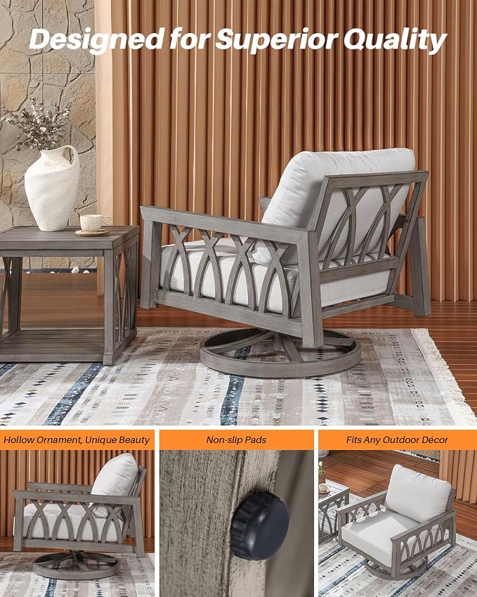 Aluminum Swivel Outdoor Armchair, Swivel Patio Sofa Chair with Thick Cushions, 360-Degree Rotating Aluminum Club Chair, Outdoor Rotation Chair Furniture for Deck, Porch, Garden, Limed Oak