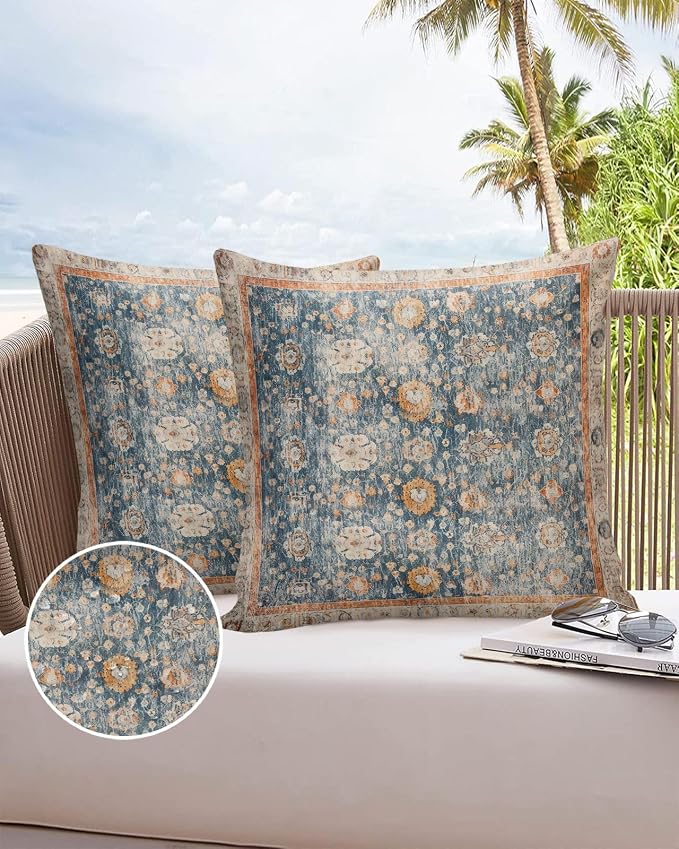 Outdoor Waterproof Pillow Covers Set of 2, Meddle Century Vintage Flowers Mural Pattern Patio Throw Pillow Covers, Decorative Cushion Case for Couch Sofa Furniture Garden, 16x16 Inch