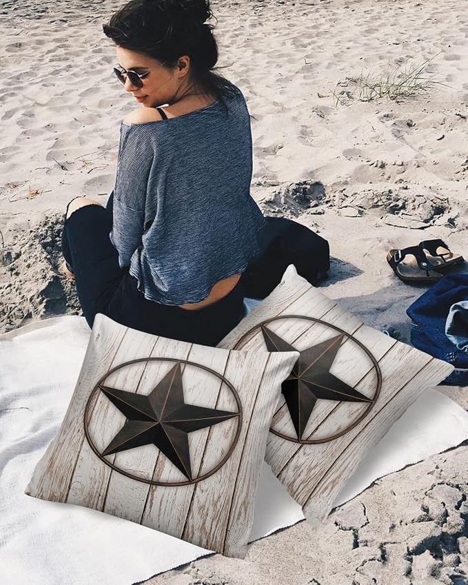 Outdoor Waterproof Pillow Covers for Patio Furniture Western Texas Barn Stars Decorative Throw Pillow Cover Rustic Wooden Pillowcases Set of 2 Cushion Case for Sofa Couch Chair Home Decor 16 x 16 Inch