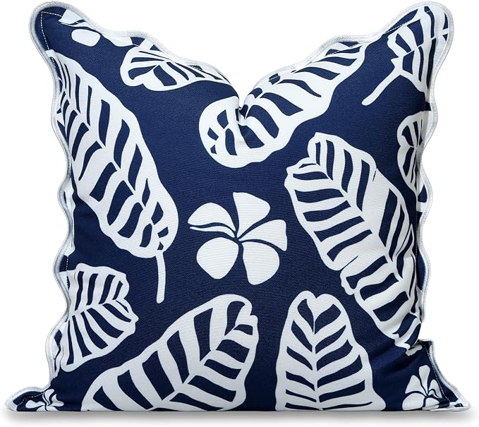 Hofdeco Premium Coastal Hampton Patio Indoor Outdoor Throw Pillow Cover Only, 20"x20" Water Repellent for Backyard, Couch, Poolside, Navy Blue Print Palm Leaves and Hisbucs Flowers