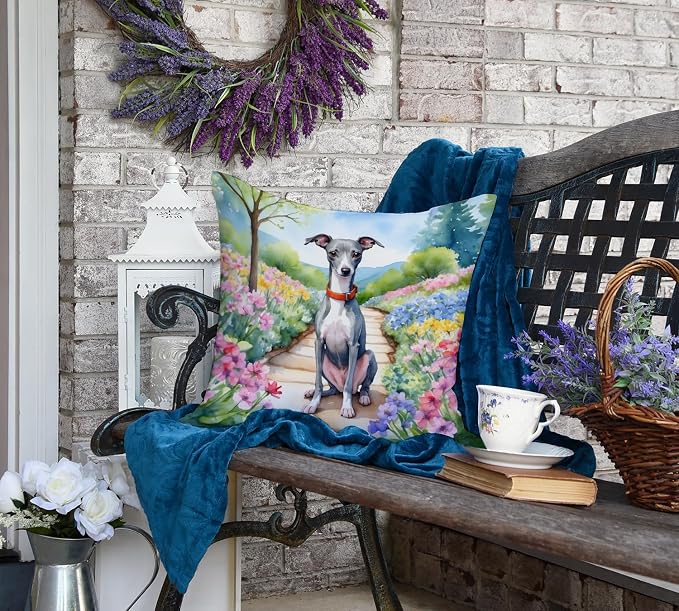 Caroline's Treasures Italian Greyhound Spring Path Throw Pillow Machine Washable, Indoor Outdoor Decorative Pillow for Couch, Bed or Patio, 18Hx18W
