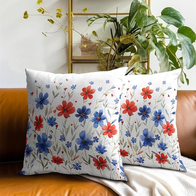 4th of July Pillow Covers 20x20 Set of 2 - Watercolor Flower Poppy Patriotic Decorative Square Cushion Cover Soft Cotton Linen Pillowcase for Couch Bed Sofa Room Decor