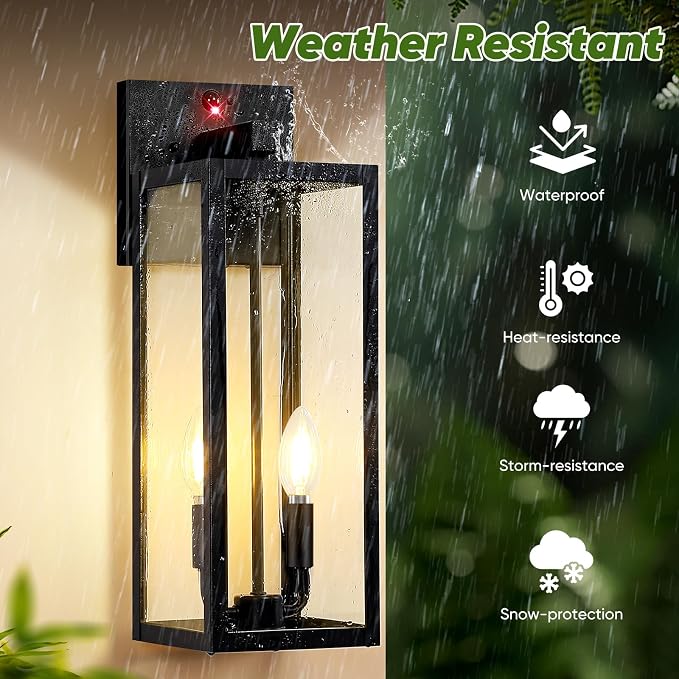 2-Pack 18” Large Upgraded Motion Sensor Outdoor Wall Lights, Black | Auto ON/OFF, 3 Lighting Modes, Waterproof, Rust-Resistant, Durable Metal with Clear Glass, Dual E12 Sockets, Easy to Install