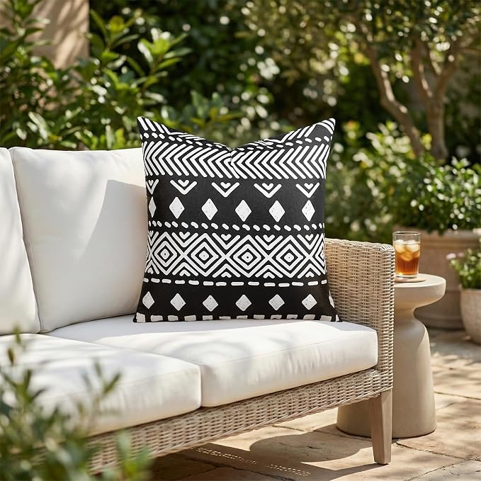 Adabana Outdoor Waterproof Pillow Covers 18x18 Set of 2 Black Boho Design | Waterproof Fabric Designed for Patio Furniture, Porch, Balcony and Garden Decor