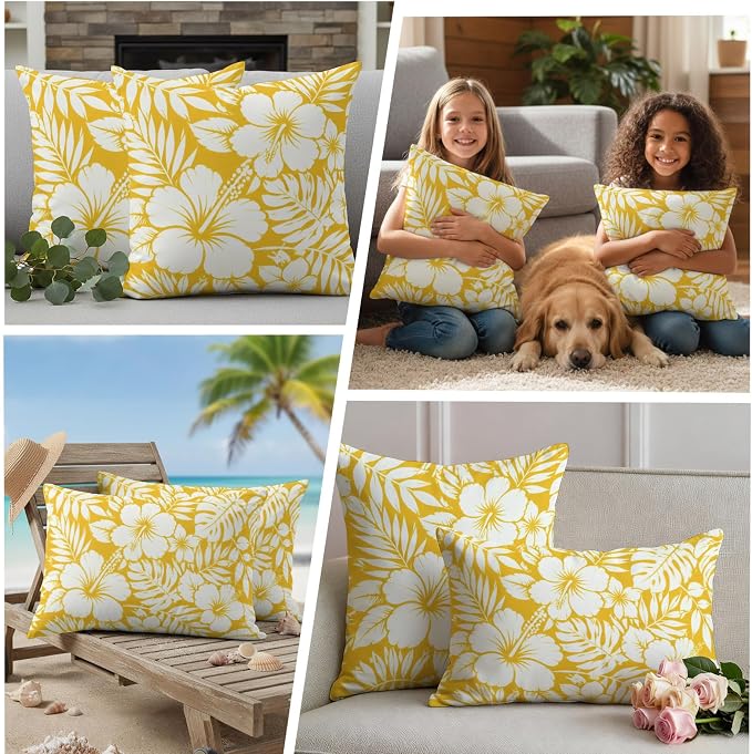 Yellow Hibiscus Flowers Waterproof Outdoor Pillow Covers Set of 2 Home Decor, Tropical Monstera Leaves Lumbar Pillowcase Patio Pillow Covers for Couch Bench Patio Furniture Garden 20x20in