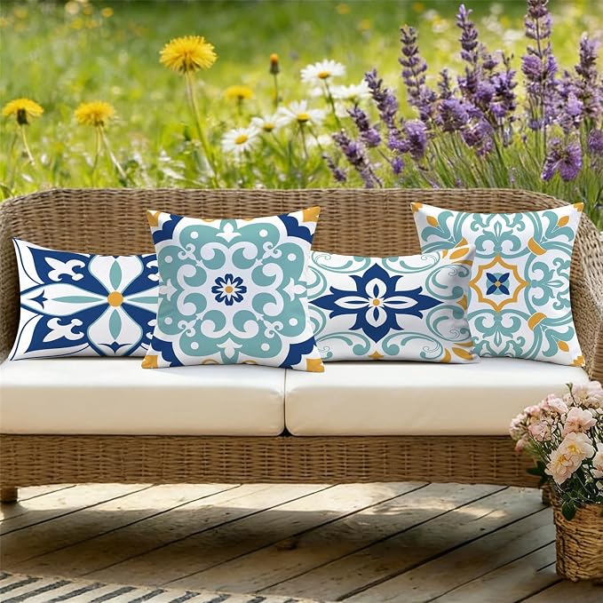 Outdoor Waterproof Throw Pillow Covers 12x20 Set of 4 Floral Boho Decorative Cushion Cases for Patio Furniture Garden Porch Bench Couch Sunbrella