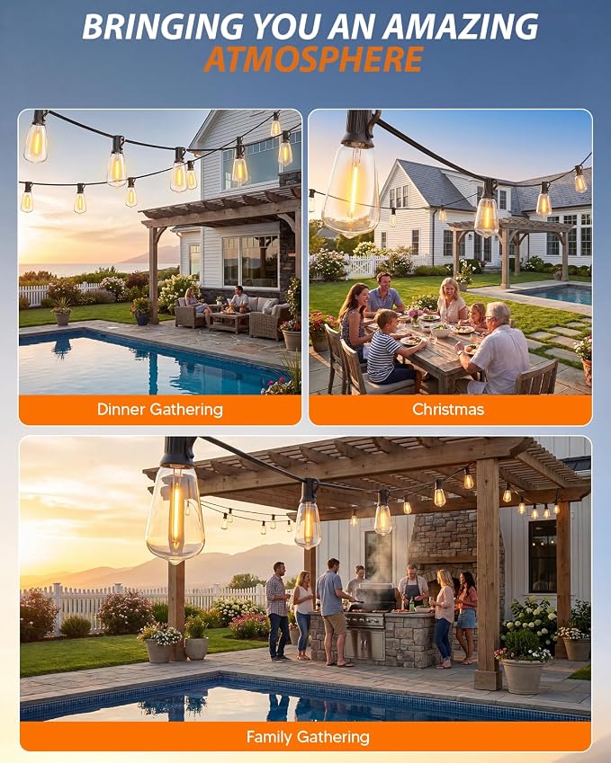 Outdoor String Lights 27FT, 15+2 Shatterproof Bulbs ST38, 1.5FT Spacing, IP65 Waterproof | Dimmable with Remote, Heavy-Duty, Include Screw & Zip Ties for Patio Backyard Holiday Outside