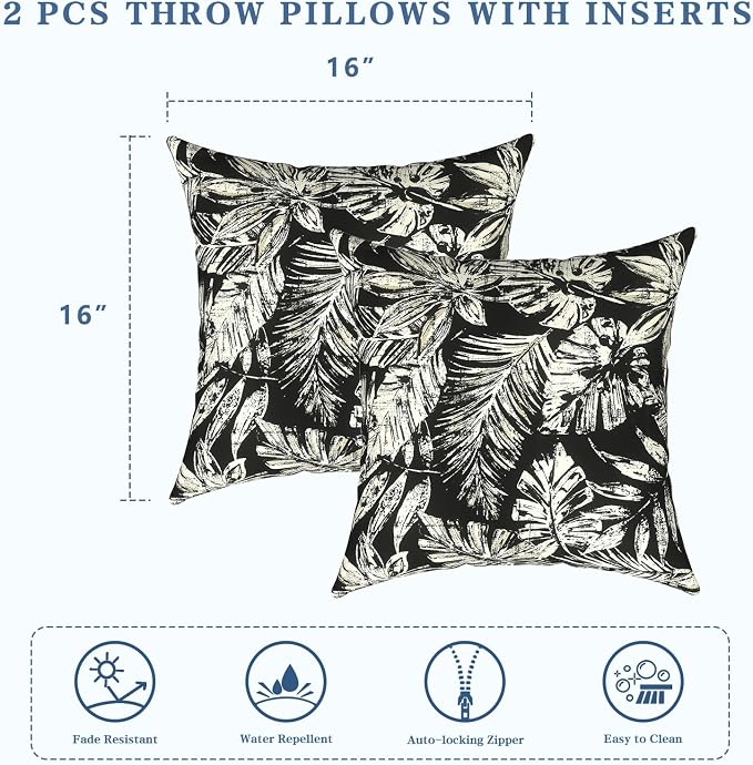 LVTXIII Outdoor Throw Pillows 16x16 Inch, Set of 2 Square Decorative Pillows with Inserts for Patio Furniture, Porch Chair, Garden Sofa, Tropical Leaf Black