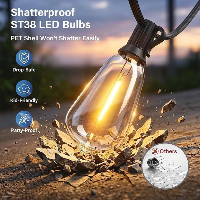 Guhope 54 FT Outdoor String Lights for Outside, Dimmable ST38 Edison LED Patio Lights with Timer, 3 Lighting Modes, IP45 Waterproof String Lights with Remote for Backyard Garden Porch Party Decor