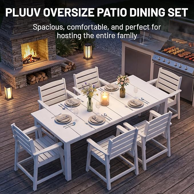 PLUUV Patio Dining Chairs Set of 2, HDPE Armless Patio Chairs with 350 lbs Weight Capacity, All-Weather Outdoor Dining Chairs for Backyard, Garden, Deck, Wood-Like Texture, White
