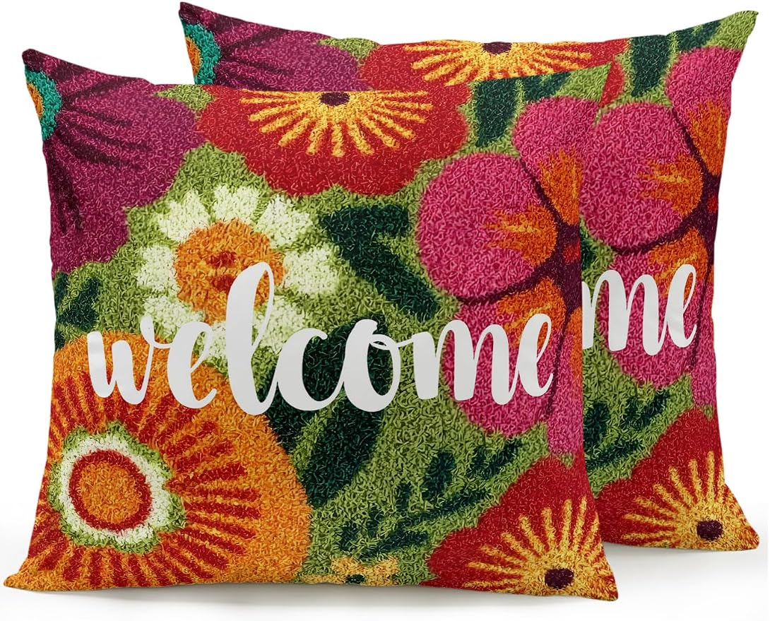 Outdoor Waterproof Throw Pillows 18x18in, Farmhouse Rustic Orange Red Floral Patio Pillows Pack of 2, Decorative Pillow Covers with Insert, Pillow Cushion Case for Garden Abstract Green Leaves