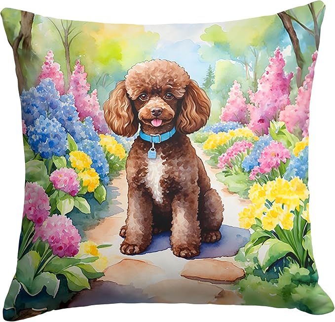 Caroline's Treasures Chocolate Poodle Spring Path Throw Pillow Machine Washable, Indoor Outdoor Decorative Pillow for Couch, Bed or Patio, 14Hx14W